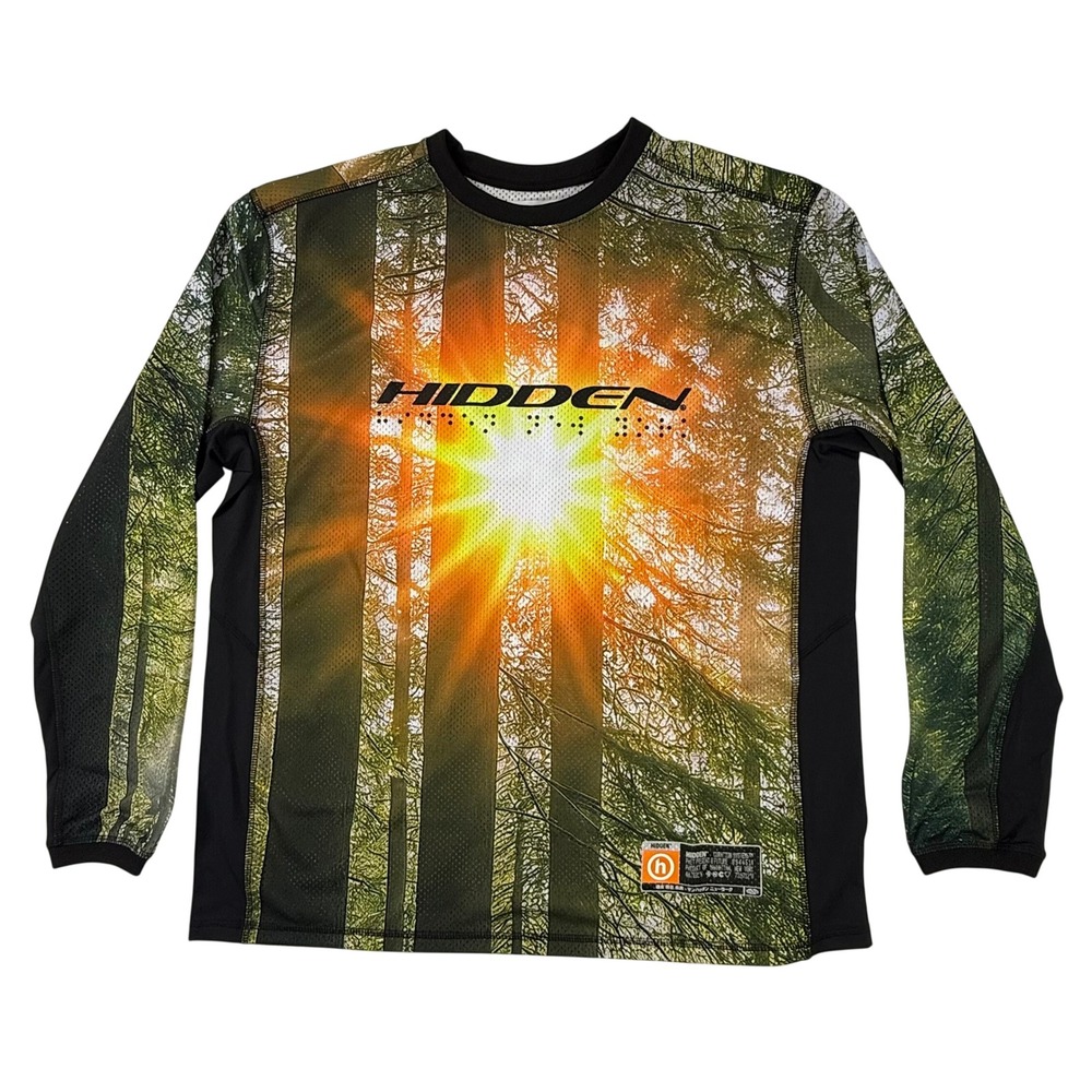 Hidden NY Forest Sunburst Graphic Long Sleeve Mesh Jersey Mens XXL Green Black